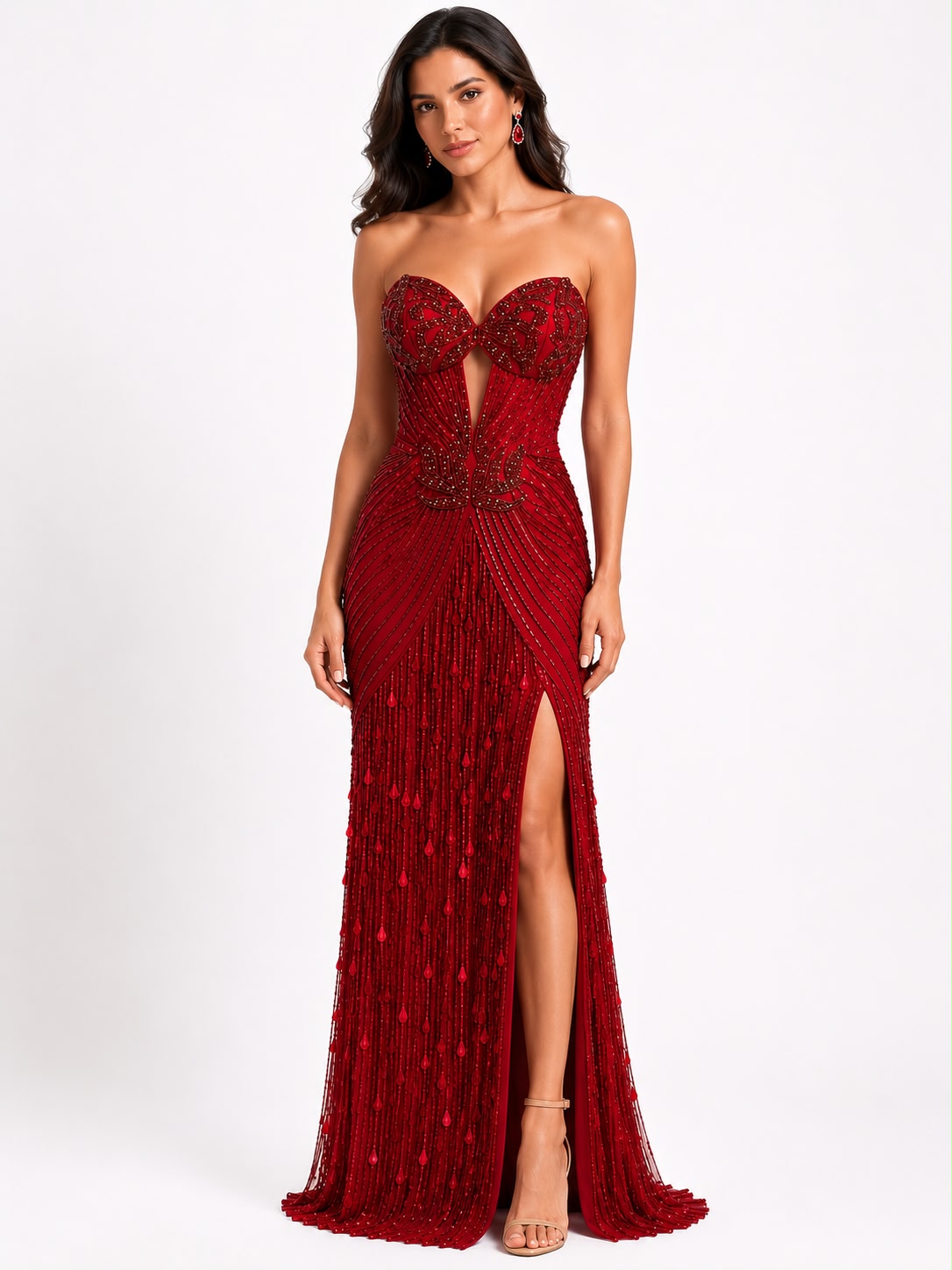 Strapless Plunging Illusion Fringed Gown