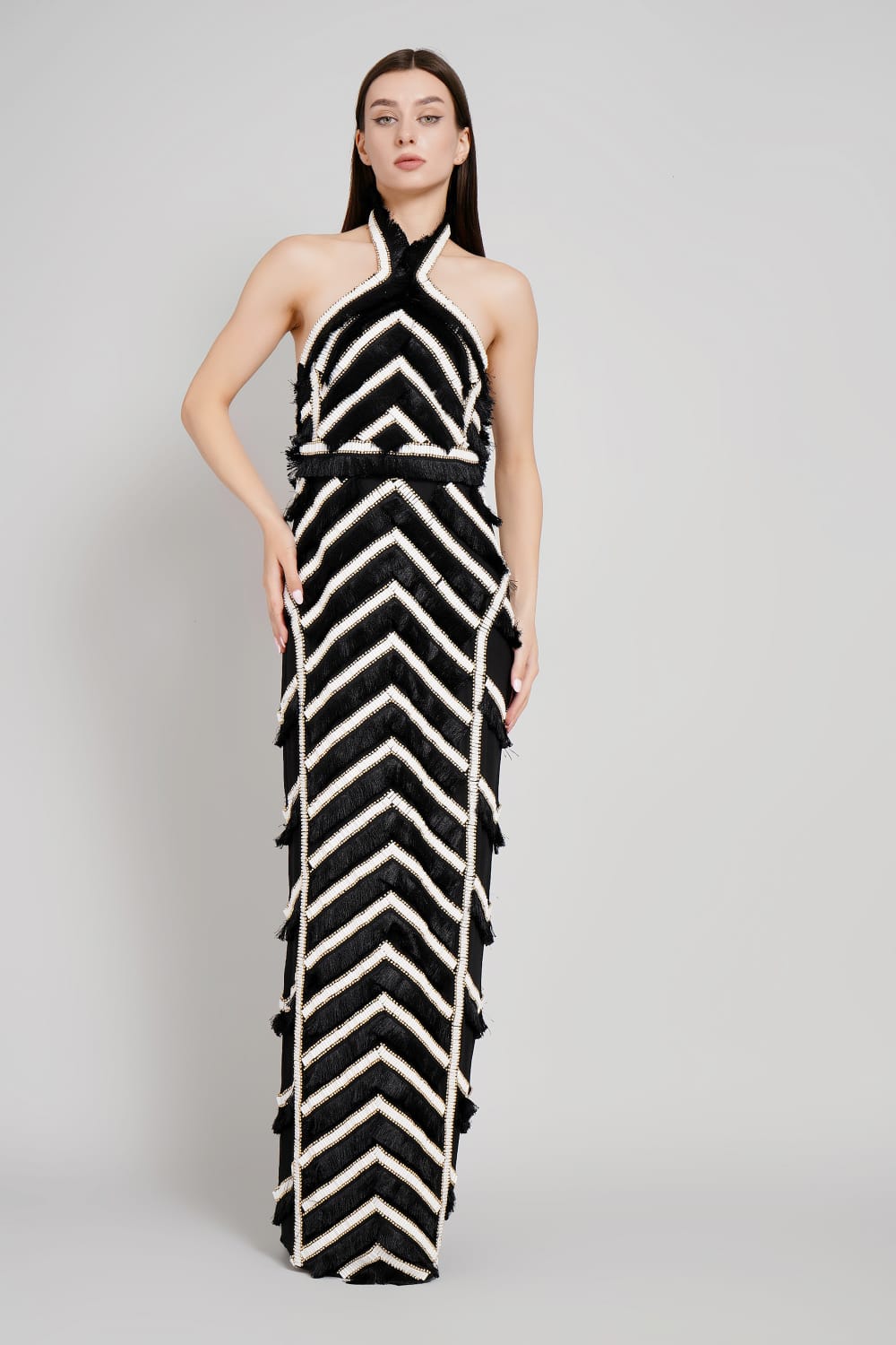 Fringe & Stud Embellished Panelled Maxi Gown