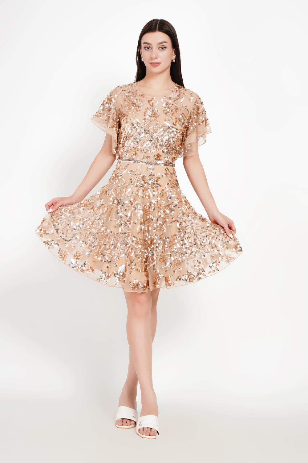 Champagne Shimmer Dress with Flutter Sleeves