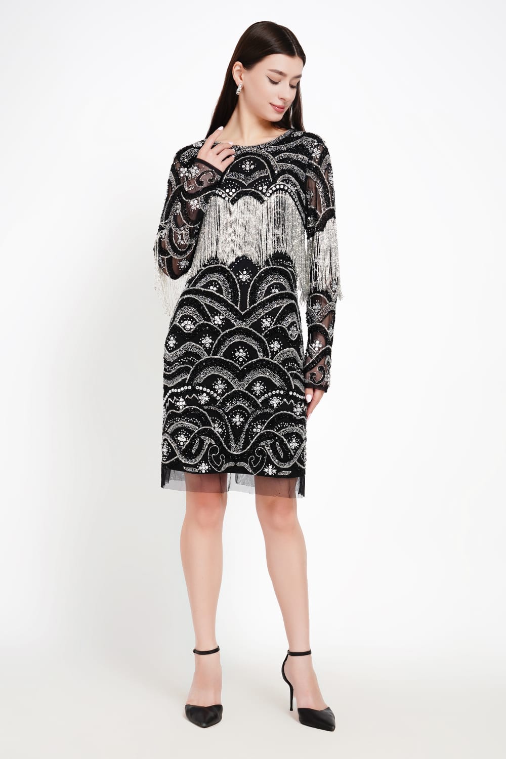 Long-Sleeve Dress with Beaded Fringe Detailing
