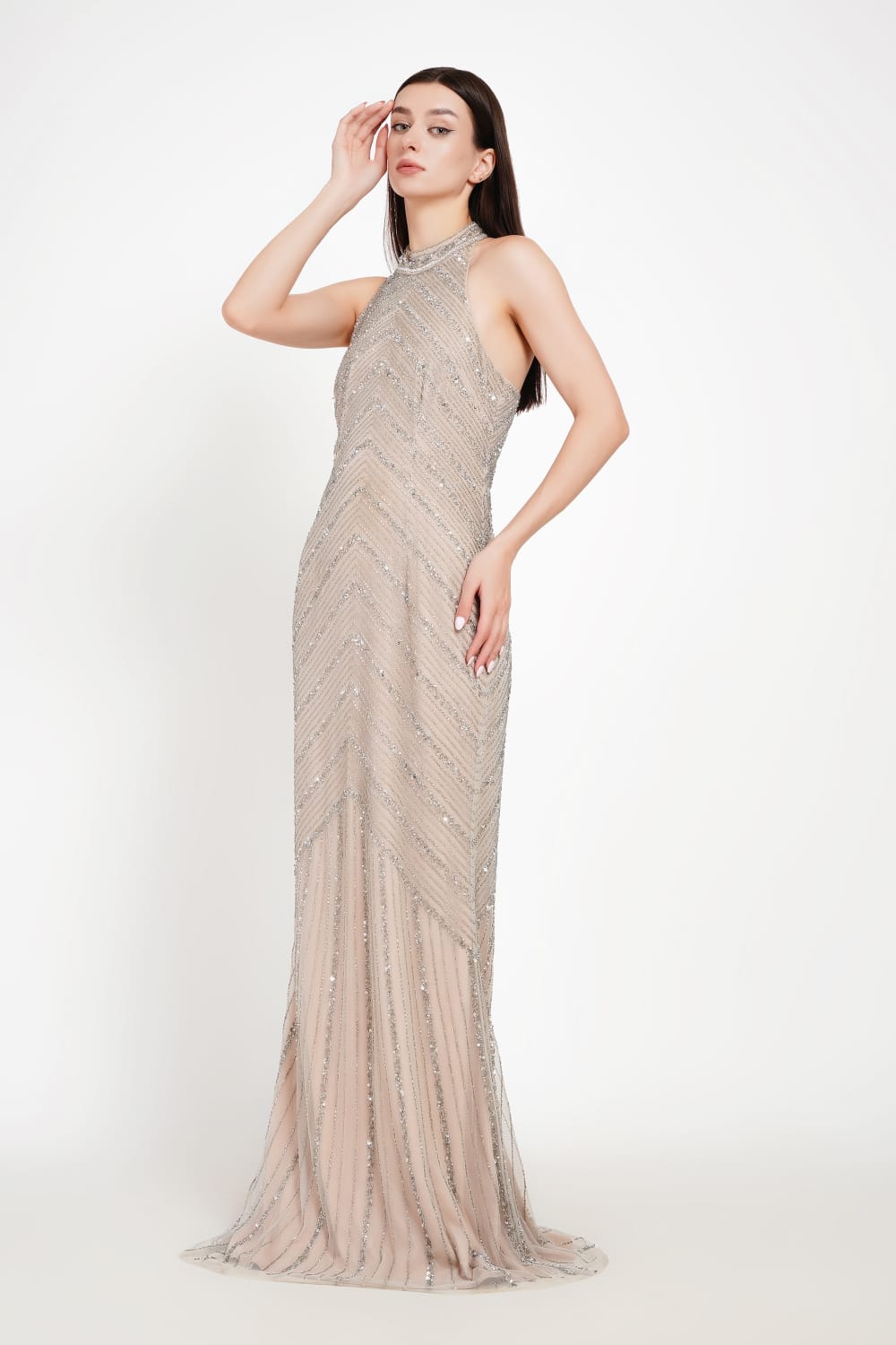 Embellished Halter Neck Evening Gown