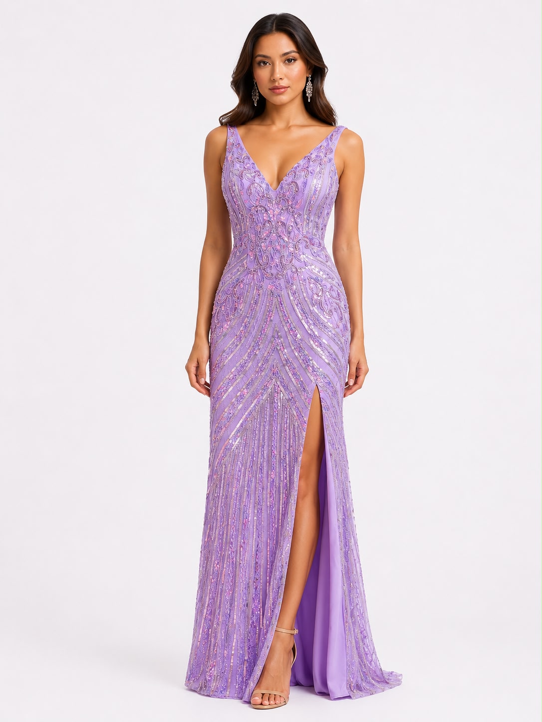 Lavender Geometric Embellished Floor-Length Evening Gown