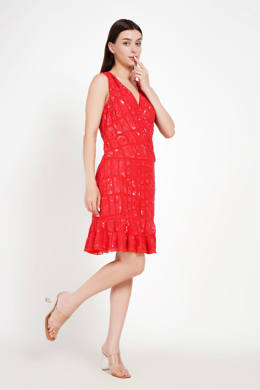Scarlet Grid Mini Dress with Sequined Detailing