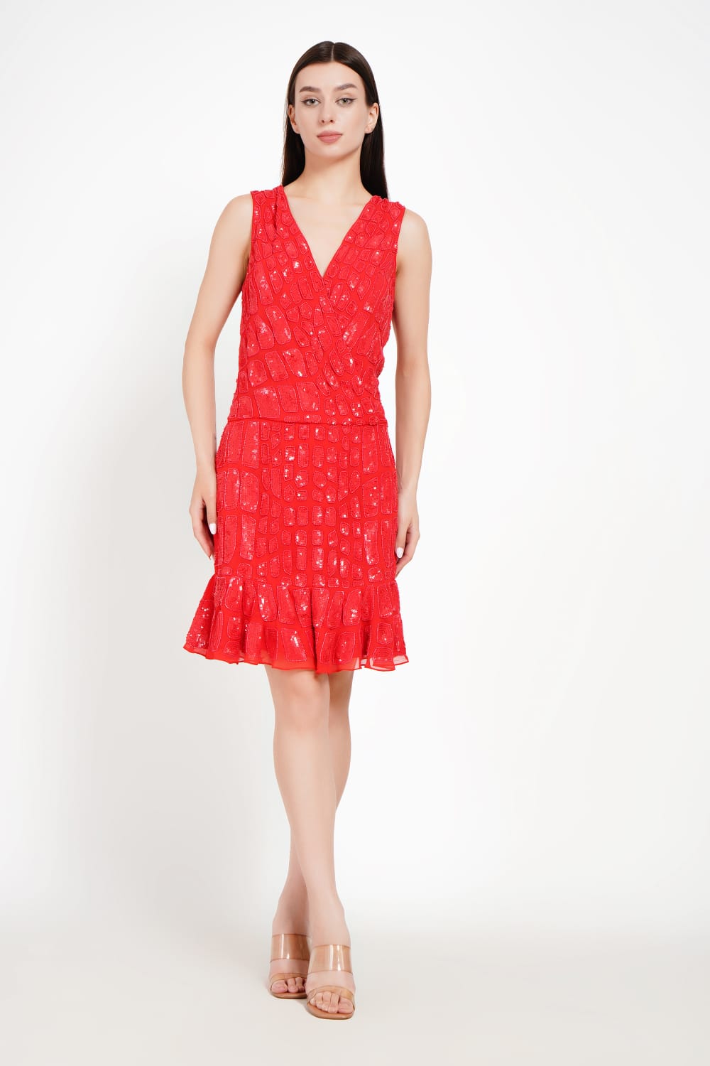 Scarlet Grid Mini Dress with Sequined Detailing
