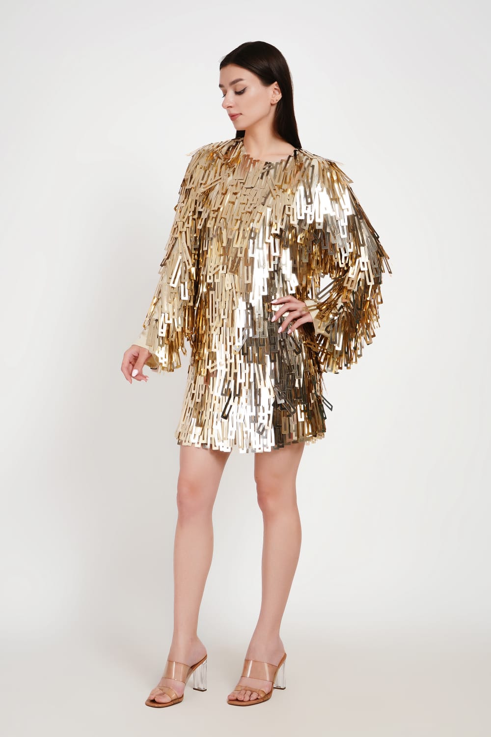 Embellished Shard Sequin Long Sleeve Mini Dress