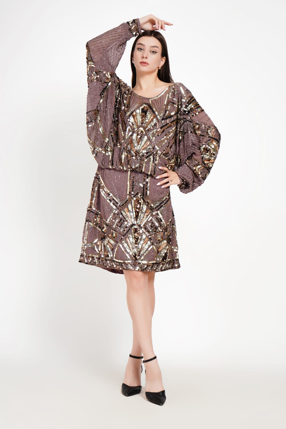 Batwing Mini Dress with Embellished Detailing