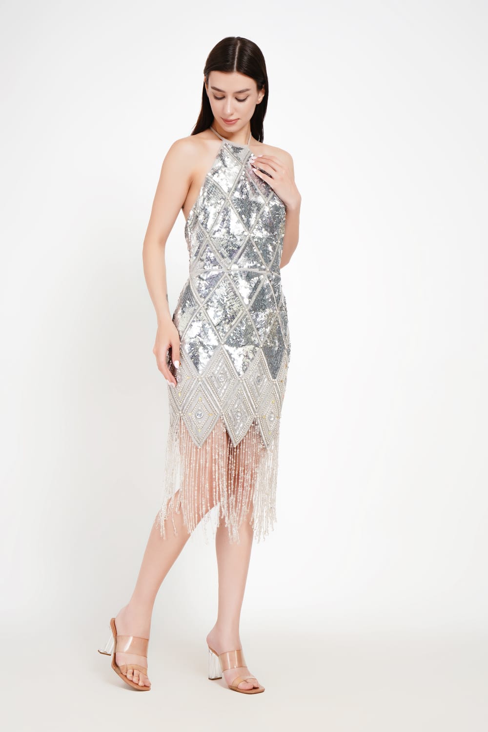 Elegant Halter Neck Mini Dress with Embellishments
