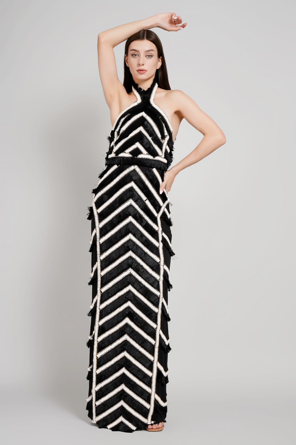 Fringe & Stud Embellished Panelled Maxi Gown