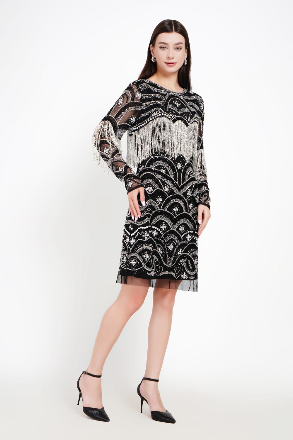 Long-Sleeve Dress with Beaded Fringe Detailing
