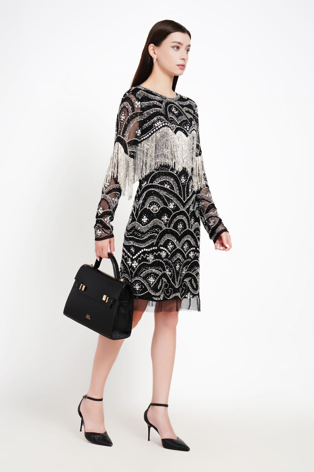 Long-Sleeve Dress with Beaded Fringe Detailing