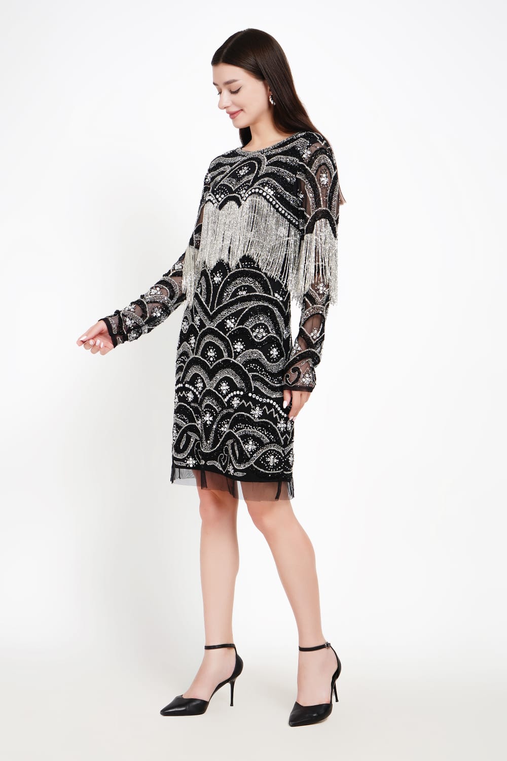 Long-Sleeve Dress with Beaded Fringe Detailing