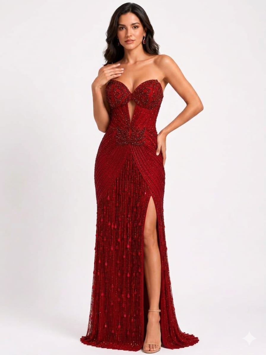 Strapless Plunging Illusion Fringed Gown