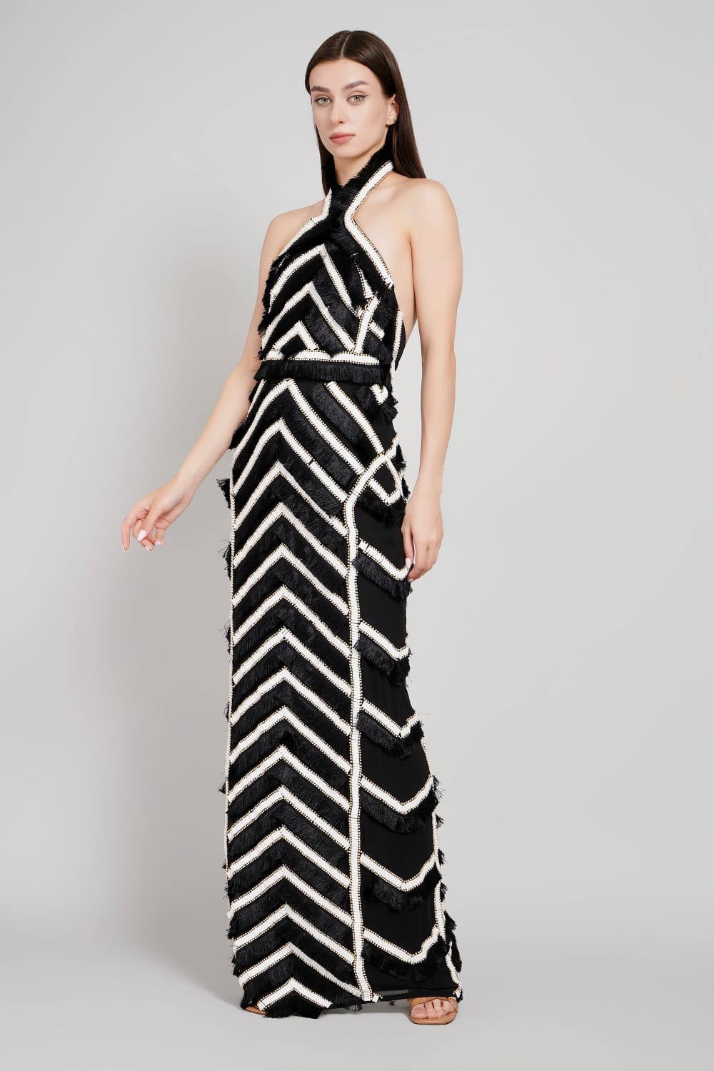 Fringe & Stud Embellished Panelled Maxi Gown