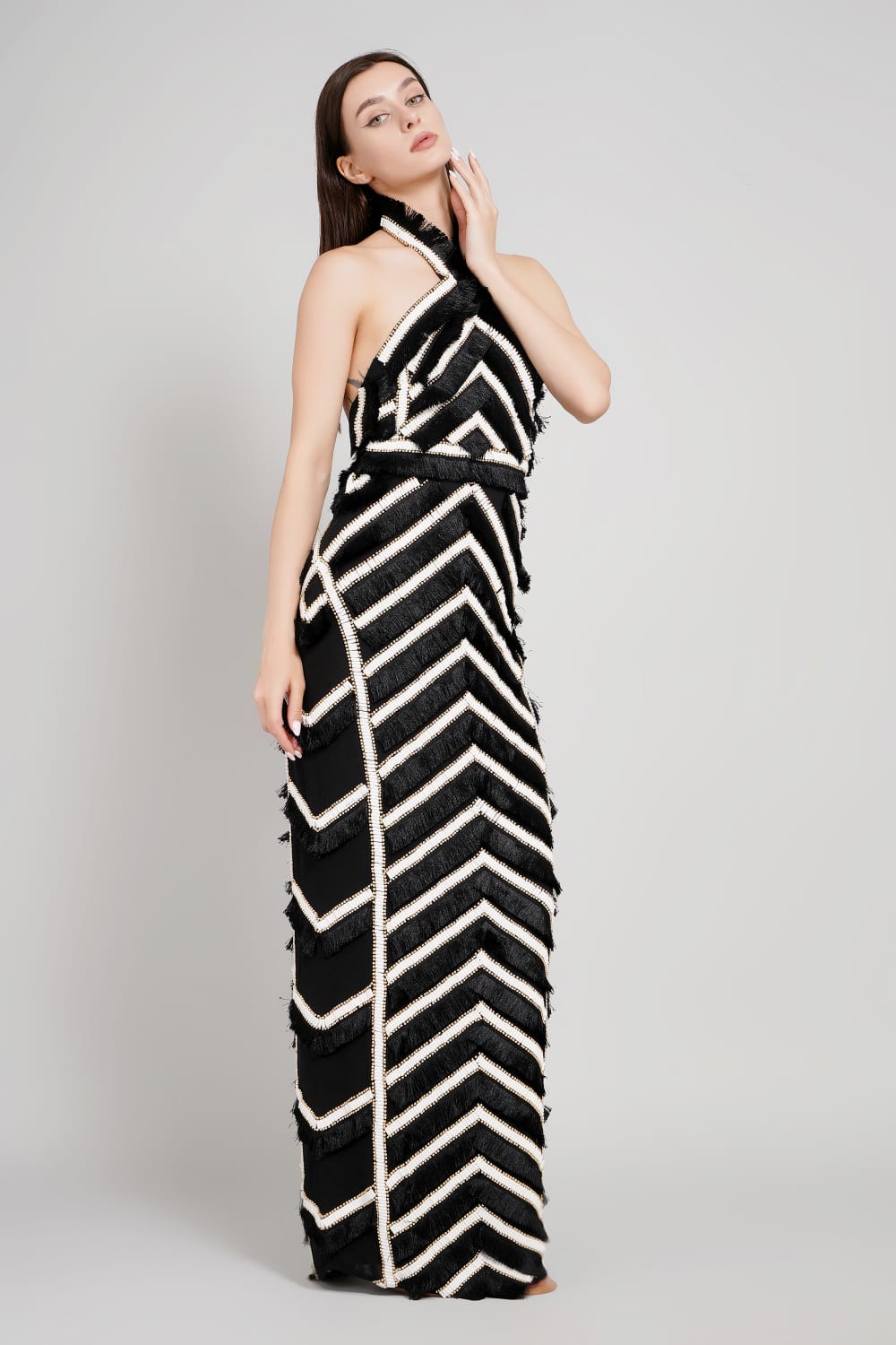 Fringe & Stud Embellished Panelled Maxi Gown