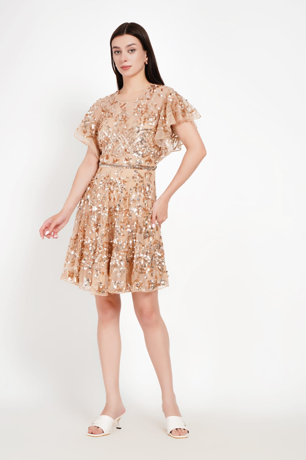 Champagne Shimmer Dress with Flutter Sleeves