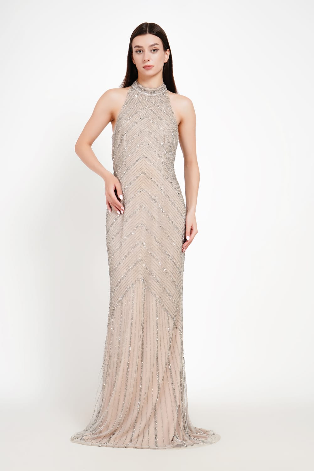 Embellished Halter Neck Evening Gown