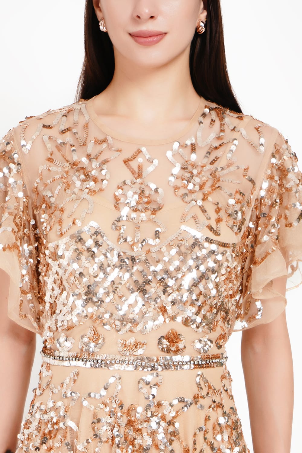 Champagne Shimmer Dress with Flutter Sleeves