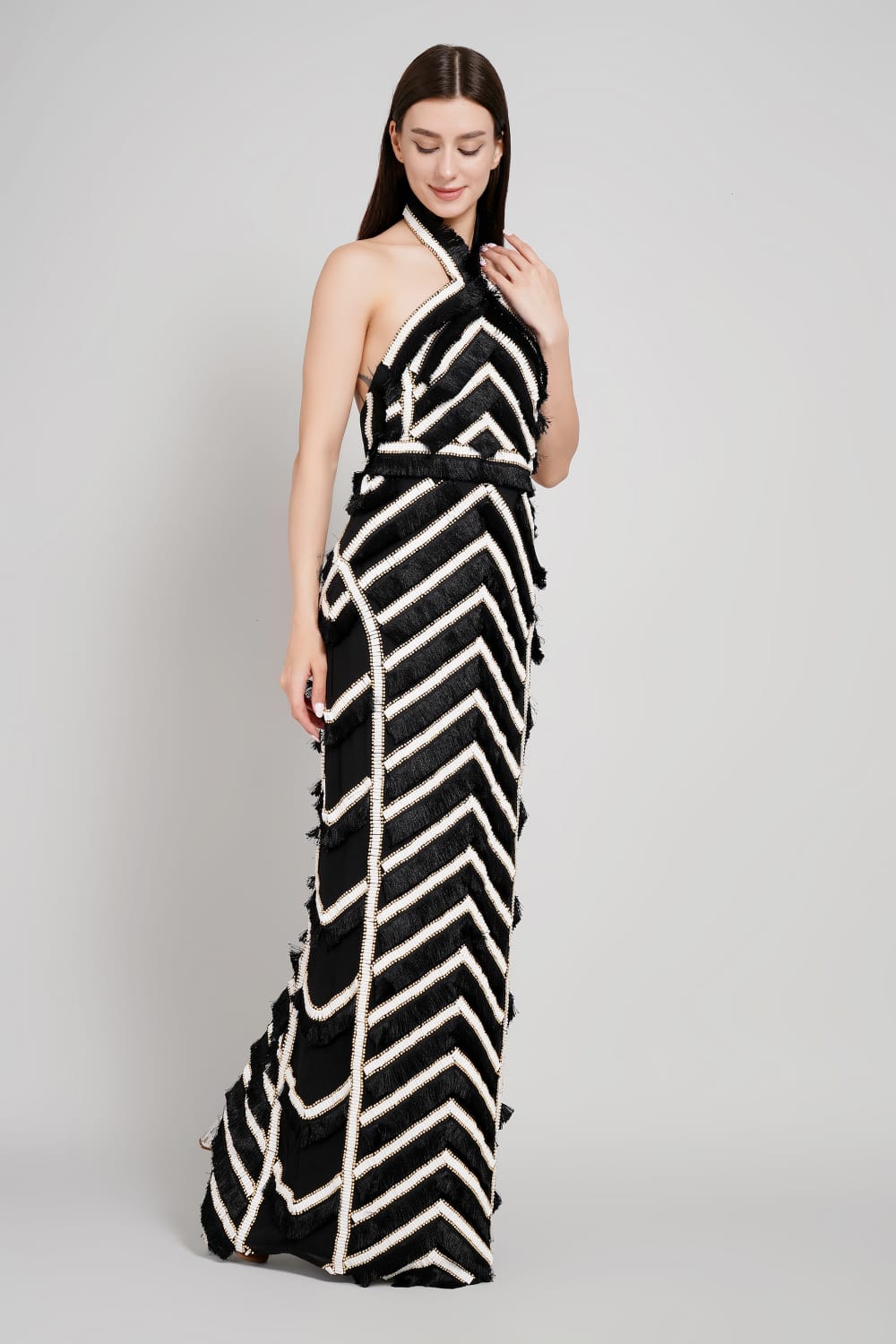 Fringe & Stud Embellished Panelled Maxi Gown