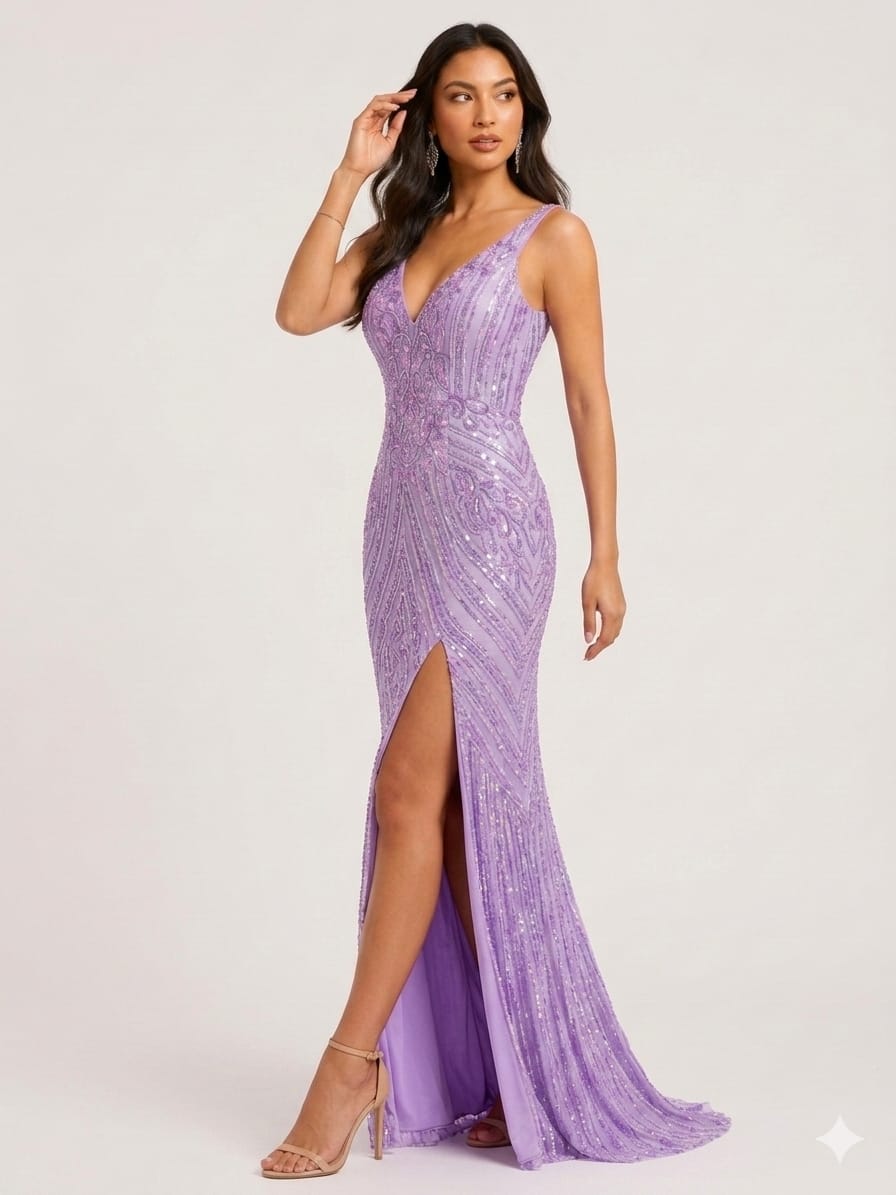 Lavender Geometric Embellished Floor-Length Evening Gown