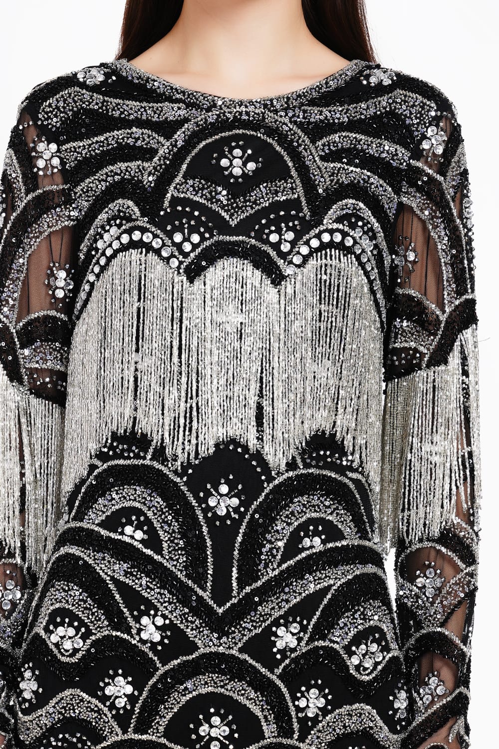 Long-Sleeve Dress with Beaded Fringe Detailing