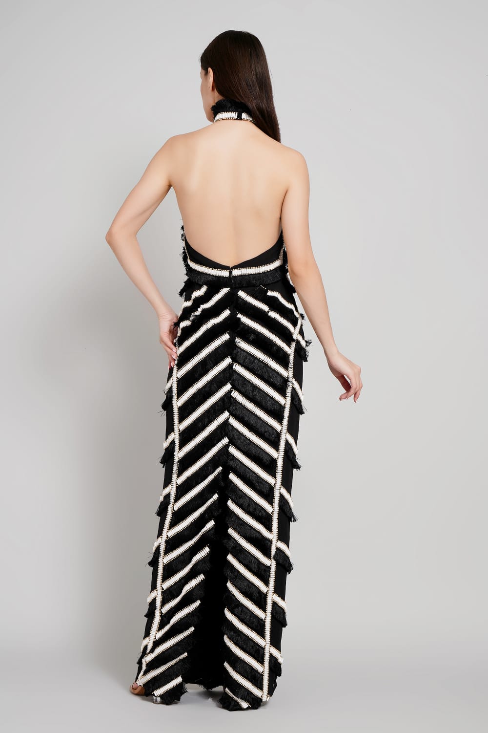 Fringe & Stud Embellished Panelled Maxi Gown