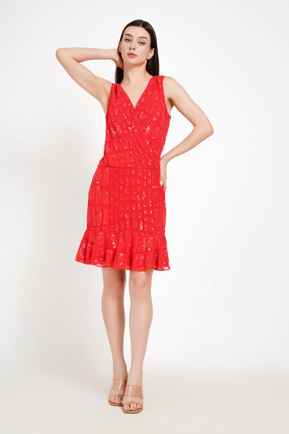 Scarlet Grid Mini Dress with Sequined Detailing