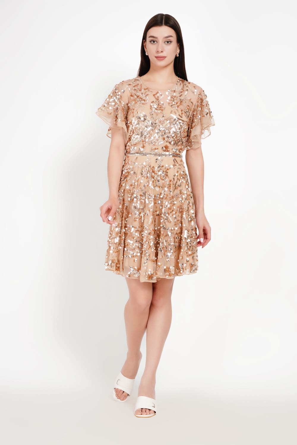 Champagne Shimmer Dress with Flutter Sleeves